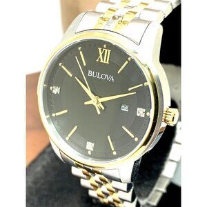 Bulova Women's Watch 98P198 Black Dial Diamond Quartz Two Tone Jubilee S…